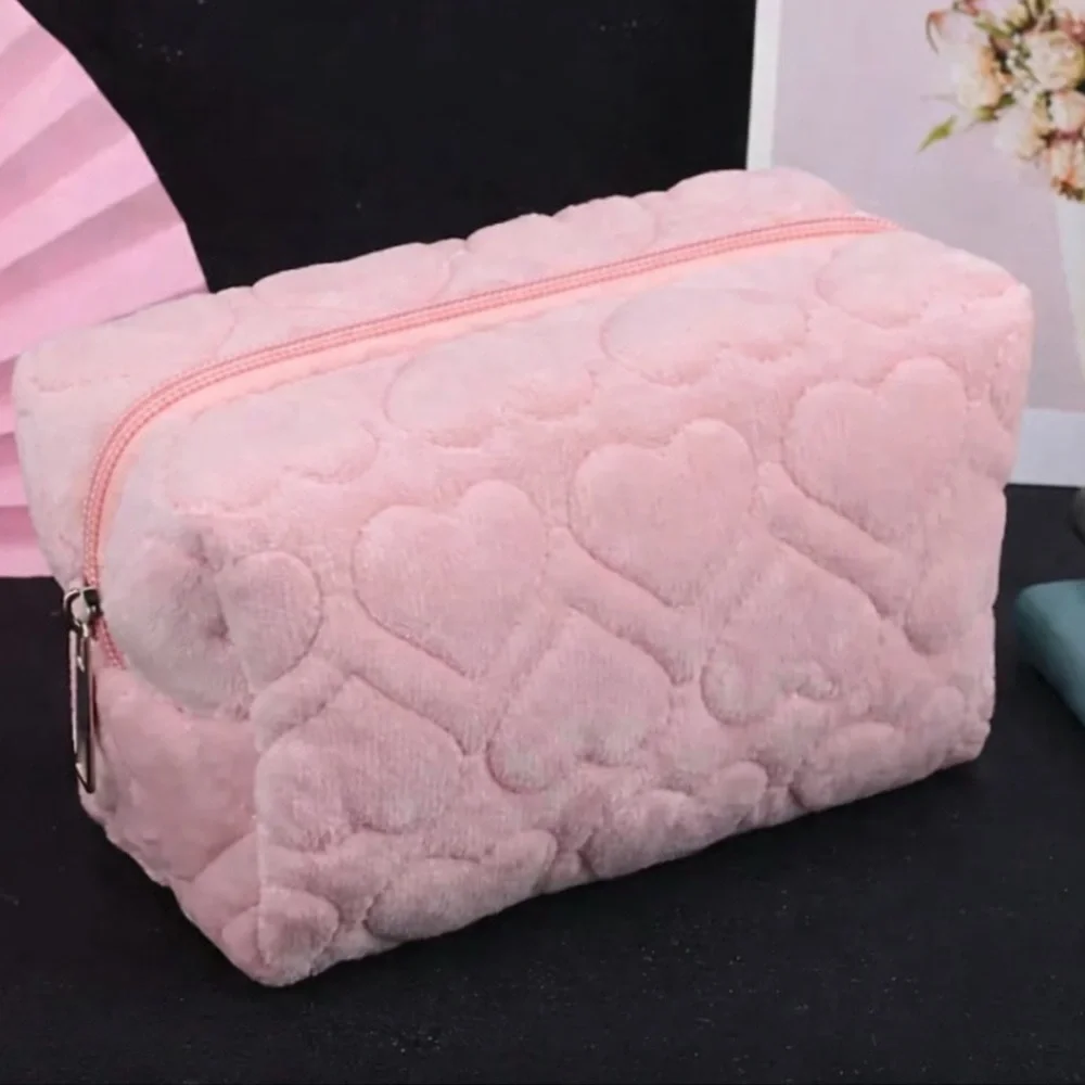 Pink Fuzzy Heart Quilted Makeup Bag Cosmetic Travel Pouch